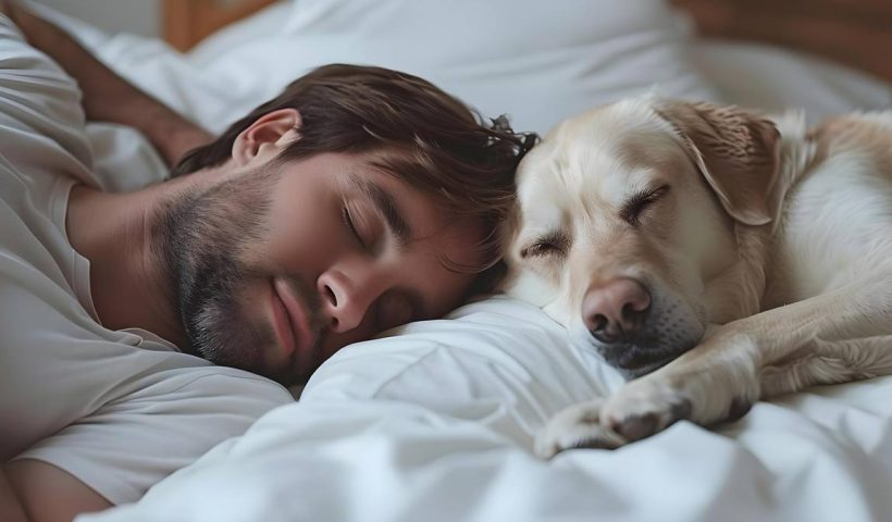 man-dog-nap-bed-cozy-content-home-concept-home-relaxation-man-dog-cozy-moments-contentment-nap-time